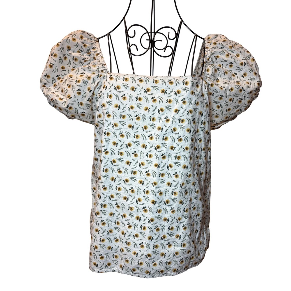 Lucca Womens Sunflower‎ Floral Puff Sleeve Smocked Back Blouse White Yellow